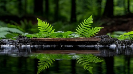 Wall Mural - Botanical beauty tranquil woodland setting concept, A serene reflection of ferns on calm water, surrounded by lush greenery in a tranquil forest setting.