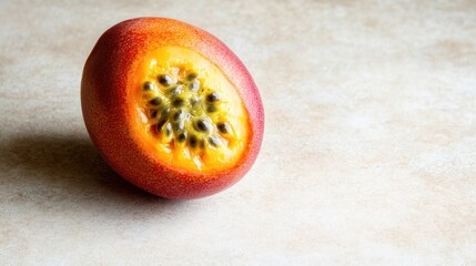 Canvas Print - Half a passion fruit with seeds, close-up.