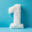 © hardvicore - White fluff number 1 one standing against blue pastel backdrop. Creative minimal design.