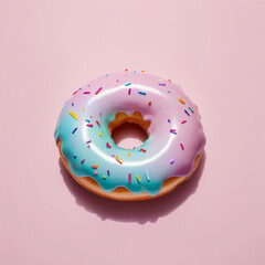 Donut with purple glaze and colorful sprinkles isolated on pink background