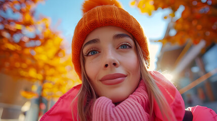 Wall Mural - Smiling Woman in Orange Hat and Pink Jacket - Photo