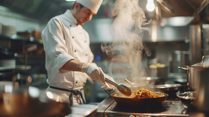 the cook prepares food in the restaurant. International Chefs Day.