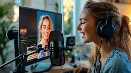 online singing lesson with a student participating via video call, watching a vocal coach on a compu