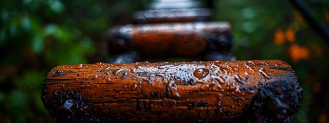 Sticker -  A tight shot of a weathered wooden bench, dotted with water droplets, surrounded by trees in the background