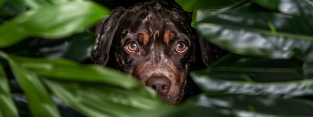 Wall Mural -  A dog's face, eyes wide, emerges from behind a green leafy plant in a tight shot