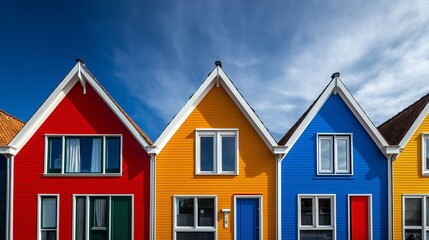 Wall Mural - Three colorful houses with blue roofs and red doors. The houses are painted in different colors, with one being red, one being yellow, and one being blue. The houses are situated next to each other