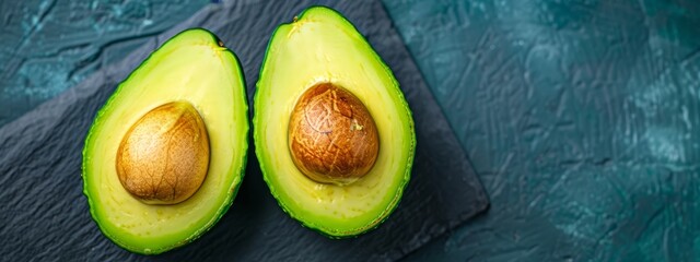 Poster -  Avocado, halved, on cutting board One piece nearby