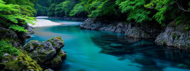 Wall Mural -  A river runs through a lush, green forest, dotted with numerous rocks, and adjacent is a forest teeming with various trees