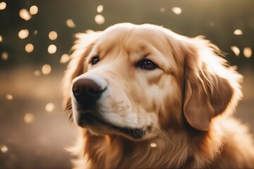 Wall Mural - golden happy retriever dog portrait field glance animal meadow nature spring grass mammalia mammal focus regard friends