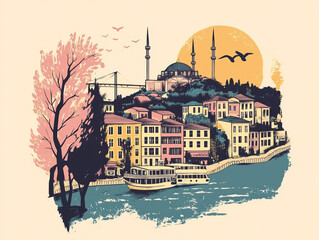 Risograph artistic riso print travel poster, card, wallpaper or banner illustration, modern, isolated, clear, simple of Istanbul, Turkey. Artistic, screen printing, stencil