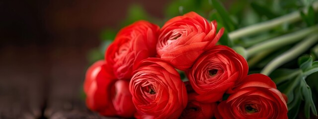 Canvas Print -  Red flowers in a cluster sit atop a wooden table Nearby, a green leafy plant rests on the same table