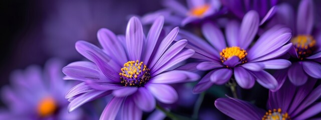  A tight shot of several purple blooms, their centers adorned with yellow stamens within the flower petals