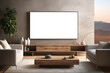 © Aleksander - Living room Television mockup. A modern living room featuring a large blank TV screen mockup mounted on a wall.