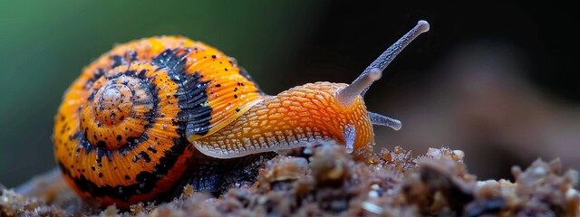 Wall Mural -  A tight shot of a snail atop a weathered wood piece, displaying its helical shell with distinct black and orange stripes