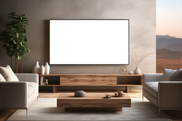 Living room Television mockup. A modern living room featuring a large blank TV screen mockup mounted on a wall. 