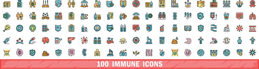 Poster - 100 immune icons set. Color line set of immune vector icons thin line color flat on white