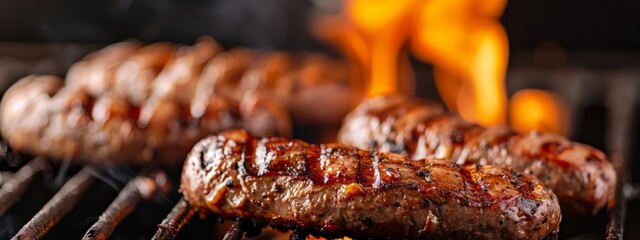 Sticker -  A tight shot of sizzling meat over a grill, surrounded by intense flames in the background, with a grill clearly visible in the foreground