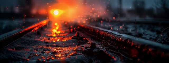  A tight shot of a rain-soaked train track, ending in a beacon of bright light at its terminus