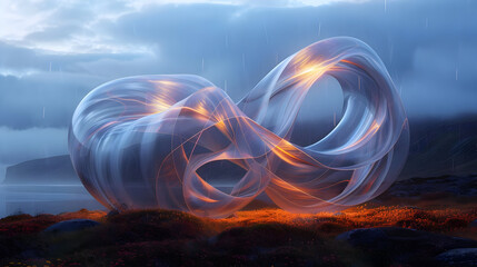 Wall Mural - Abstract 3D Illustration of a Glowing Orb in a Rainy Landscape