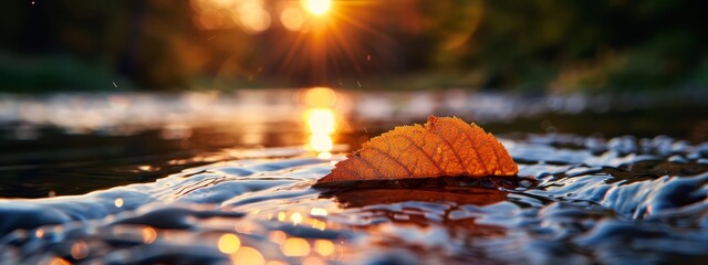 Poster -  A leaf floats atop calm water, sun rays filtering through surrounding trees