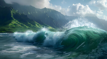 Sticker - Ocean Wave Breaking Near Mountains Photo