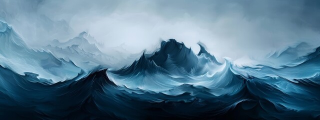 Wall Mural -  A painting of a wave crashing in the ocean, against a dark backdrop of the night sky, and white clouds gathered in the foreground