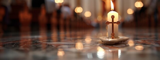 Sticker -  A table holds a small candle topped with a cross amidst a room full of candles and lights