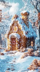 Poster - Cute little gingerbread house in the snowy woods, with a cozy chimney and frosted roof. seamless looping 4K time-lapse virtual video animation background