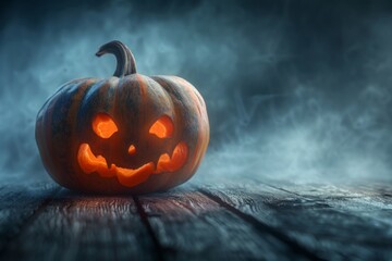 One spooky halloween pumpkin, Jack O Lantern, with an evil face and eyes on a wooden bench, table with a misty gray coastal night background with space for product placement