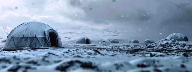 Wall Mural -  A yurt sits in a snowy field, its surroundings blanketed in snow A towering mountain looms in the backdrop