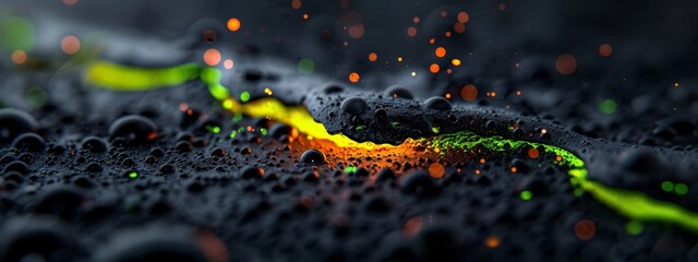 Wall Mural -  A tight shot of a black backdrop features yellow and green water droplets gracefully resting atop its surface