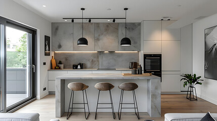 Modern Kitchen with Concrete Backsplash and Island