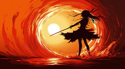 Wall Mural - A black silhouette of a graceful girl in a fighting pose with a katana, making a circular cut in the air, forming a spiral tunnel of water that shines at sunset. 2D art style.