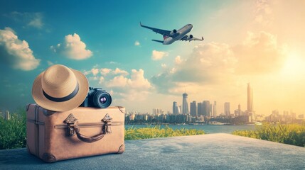 a suitcase with a hat and camera ready to travel