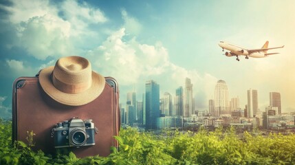 Wall Mural - A suitcase with a hat and camera ready to travel