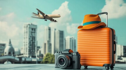 Suitcase with hat and camera for vacation poster