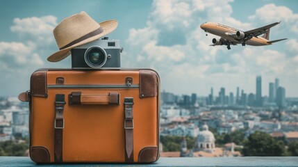 Wall Mural - Suitcase with a hat and camera and airplane