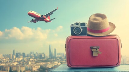 Wall Mural - vacation concept, suitcase with hat and camera