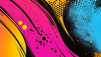 Vibrant abstract background with bold pink, yellow, and blue curves, featuring dynamic shapes and dotted patterns.