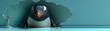 © Chanagun - A jolly penguin breaking through a teal wall with a hole in the center