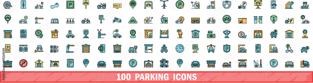 100 parking icons set. Color line set of parking vector icons thin line color flat on white