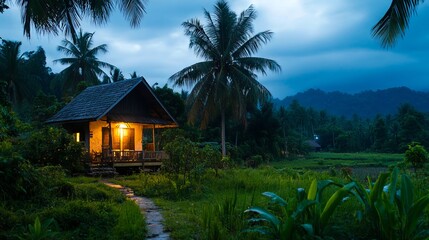 Wall Mural - A small house in the middle of a lush green field at night