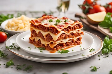 lasagna closeup plate cheese meat minced piece melted background white