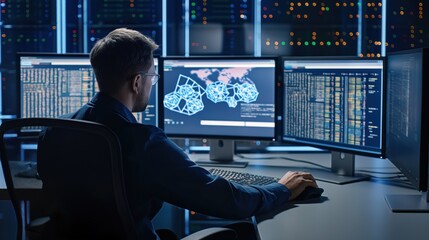 Man sits in data center working on desktop computer with three displays. Displays blockchain, data network architecture concept. Pro programmer works on software development, hardware programming.