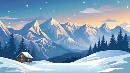 A cozy cabin nestled in a snowy mountain landscape, with a serene winter sky above.