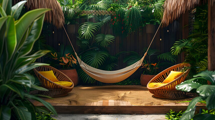 Wall Mural - Tropical Hammock Patio with Wicker Chairs - 3D Illustration