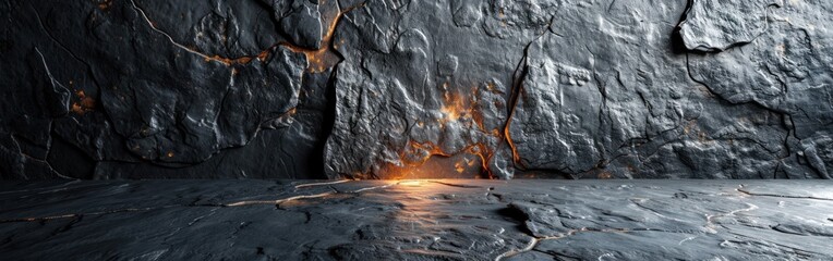 A glowing orange light emanates from cracks in a large, dark stone wall