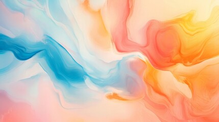 Vibrant abstract painting featuring flowing waves of blue, coral, and orange hues, creating a serene and dynamic atmosphere.