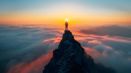 Silhouette of a Man Standing on a Mountain Peak at Sunset - Photo