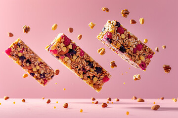 Healthy workout snacks. Top view composition with protein granola cereal vegan bars on pink backgroundю Food levitation concept